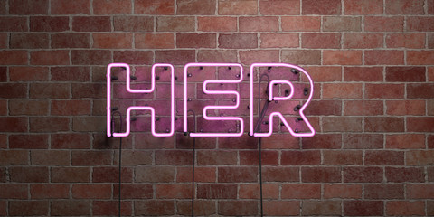 HER - fluorescent Neon tube Sign on brickwork - Front view - 3D rendered royalty free stock picture. Can be used for online banner ads and direct mailers..