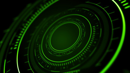 Side view of abstract digital circle on dark background. Hi-tech concept. 3D Rendering. High tech background with hud interface. Abstract digital circle with bright light on dark background.