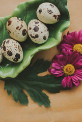 Easter decoration, table setting, quail eggs and spring tender pink flowers