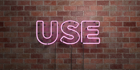 USE - fluorescent Neon tube Sign on brickwork - Front view - 3D rendered royalty free stock picture. Can be used for online banner ads and direct mailers..