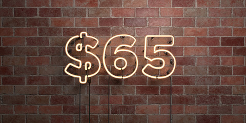 $65 - fluorescent Neon tube Sign on brickwork - Front view - 3D rendered royalty free stock picture. Can be used for online banner ads and direct mailers..
