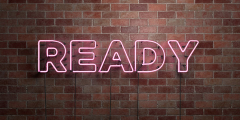 READY - fluorescent Neon tube Sign on brickwork - Front view - 3D rendered royalty free stock picture. Can be used for online banner ads and direct mailers..
