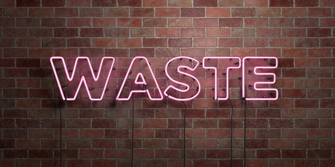 WASTE - fluorescent Neon tube Sign on brickwork - Front view - 3D rendered royalty free stock picture. Can be used for online banner ads and direct mailers..