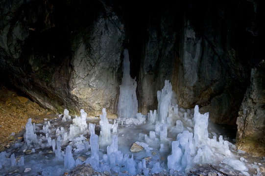 Ice formations in Ledena Pecina (an ice cave) inside Obla Glava (Rounded head peak) Durmitor NP, Montenegro, October 2008.