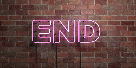 END - fluorescent Neon tube Sign on brickwork - Front view - 3D rendered royalty free stock picture. Can be used for online banner ads and direct mailers..