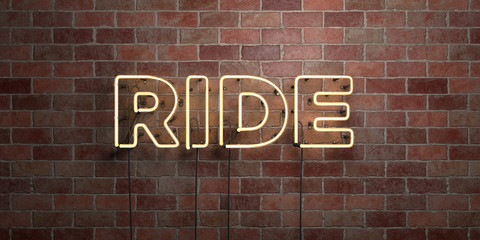 RIDE - fluorescent Neon tube Sign on brickwork - Front view - 3D rendered royalty free stock picture. Can be used for online banner ads and direct mailers..