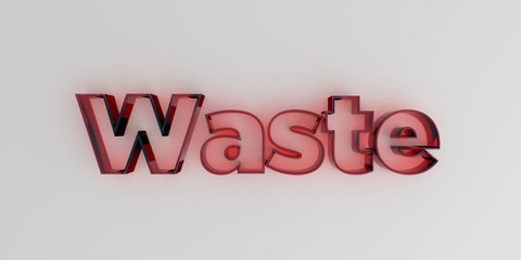 Waste - Red glass text on white background - 3D rendered royalty free stock image.