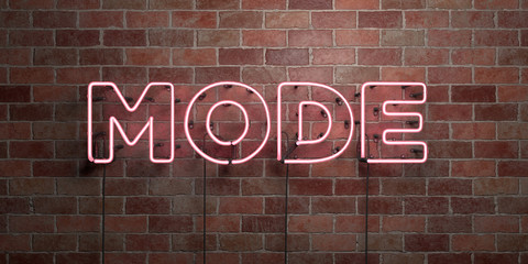 Fototapeta na wymiar MODE - fluorescent Neon tube Sign on brickwork - Front view - 3D rendered royalty free stock picture. Can be used for online banner ads and direct mailers..