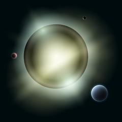 Star with Satellites, Sun with Planets in Space, Yellow Light of Stars in Universe, Abstract Background, Vector Illustration