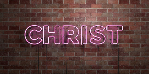 CHRIST - fluorescent Neon tube Sign on brickwork - Front view - 3D rendered royalty free stock picture. Can be used for online banner ads and direct mailers..