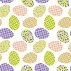 Seamless pattern with white Easter eggs and polka dots or confetti on white background. Vector illustration. spring repeatable motif for fabric, wrapping paper,  cards