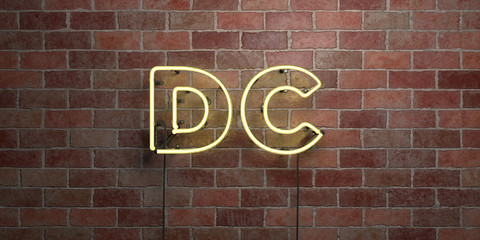 DC - fluorescent Neon tube Sign on brickwork - Front view - 3D rendered royalty free stock picture. Can be used for online banner ads and direct mailers..