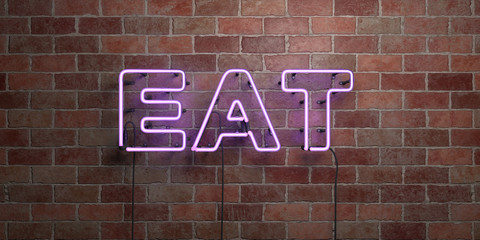 Obraz premium EAT - fluorescent Neon tube Sign on brickwork - Front view - 3D rendered royalty free stock picture. Can be used for online banner ads and direct mailers..