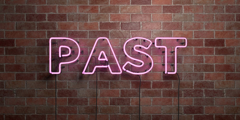 Fototapeta na wymiar PAST - fluorescent Neon tube Sign on brickwork - Front view - 3D rendered royalty free stock picture. Can be used for online banner ads and direct mailers..