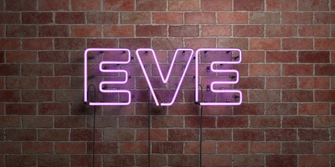 EVE - fluorescent Neon tube Sign on brickwork - Front view - 3D rendered royalty free stock picture. Can be used for online banner ads and direct mailers..