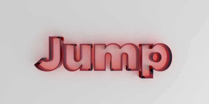 Jump - Red glass text on white background - 3D rendered royalty free stock image.