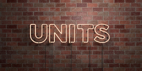 Obraz premium UNITS - fluorescent Neon tube Sign on brickwork - Front view - 3D rendered royalty free stock picture. Can be used for online banner ads and direct mailers..