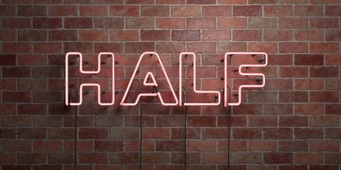 Fototapeta na wymiar HALF - fluorescent Neon tube Sign on brickwork - Front view - 3D rendered royalty free stock picture. Can be used for online banner ads and direct mailers..