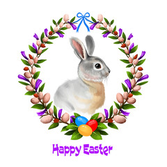 Happy Easter digital banner with rabbit in cartoon style with decorated egg. Funny bunny greeting card design. Adorable hare banner poster for holiday celebration. Clip art illustration