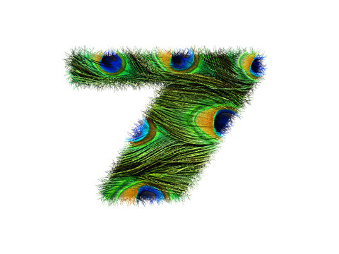 High resolution font number 7 made of peacock feathers pattern isolated on white background