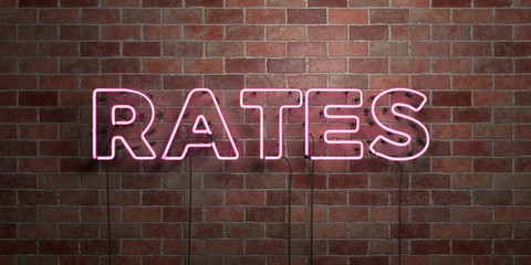 RATES - fluorescent Neon tube Sign on brickwork - Front view - 3D rendered royalty free stock picture. Can be used for online banner ads and direct mailers..