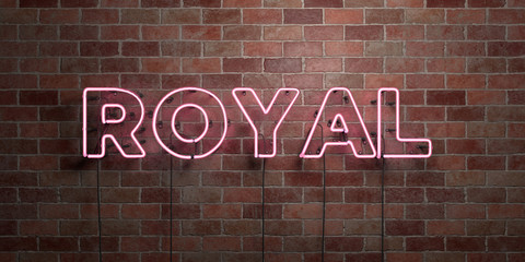 ROYAL - fluorescent Neon tube Sign on brickwork - Front view - 3D rendered royalty free stock picture. Can be used for online banner ads and direct mailers..