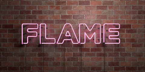 FLAME - fluorescent Neon tube Sign on brickwork - Front view - 3D rendered royalty free stock picture. Can be used for online banner ads and direct mailers..