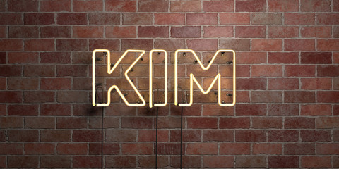 KIM - fluorescent Neon tube Sign on brickwork - Front view - 3D rendered royalty free stock picture. Can be used for online banner ads and direct mailers..