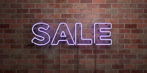Fototapeta na wymiar SALE - fluorescent Neon tube Sign on brickwork - Front view - 3D rendered royalty free stock picture. Can be used for online banner ads and direct mailers..