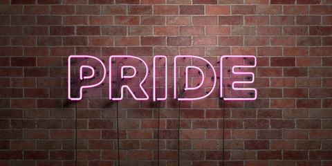 PRIDE - fluorescent Neon tube Sign on brickwork - Front view - 3D rendered royalty free stock picture. Can be used for online banner ads and direct mailers..