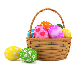 Fototapeta premium Illustrations 3d rendering. Easter eggs in a basket on a white background.