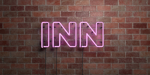 INN - fluorescent Neon tube Sign on brickwork - Front view - 3D rendered royalty free stock picture. Can be used for online banner ads and direct mailers..