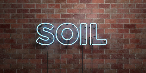 SOIL - fluorescent Neon tube Sign on brickwork - Front view - 3D rendered royalty free stock picture. Can be used for online banner ads and direct mailers..