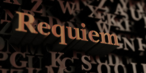 Requiem - Wooden 3D rendered letters/message.  Can be used for an online banner ad or a print postcard.
