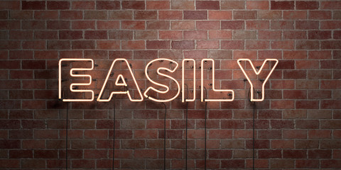 EASILY - fluorescent Neon tube Sign on brickwork - Front view - 3D rendered royalty free stock picture. Can be used for online banner ads and direct mailers..