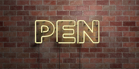 PEN - fluorescent Neon tube Sign on brickwork - Front view - 3D rendered royalty free stock picture. Can be used for online banner ads and direct mailers..