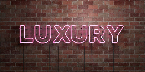 LUXURY - fluorescent Neon tube Sign on brickwork - Front view - 3D rendered royalty free stock picture. Can be used for online banner ads and direct mailers..