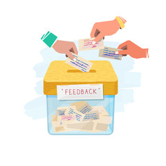 Hand inserting paper of feedback in to box. feedback and suggestion box concept - vector