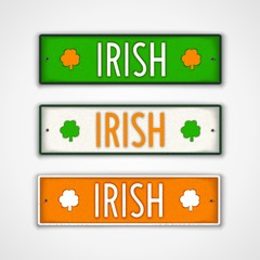 Irish. Set of stylized badges in style car license plate.
 The colors of national flag Ireland. Vector design elements.