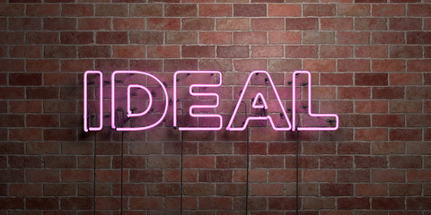 IDEAL - fluorescent Neon tube Sign on brickwork - Front view - 3D rendered royalty free stock picture. Can be used for online banner ads and direct mailers..