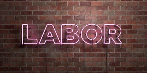 LABOR - fluorescent Neon tube Sign on brickwork - Front view - 3D rendered royalty free stock picture. Can be used for online banner ads and direct mailers..