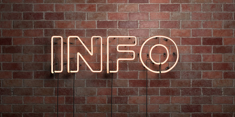 INFO - fluorescent Neon tube Sign on brickwork - Front view - 3D rendered royalty free stock picture. Can be used for online banner ads and direct mailers..