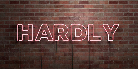 HARDLY - fluorescent Neon tube Sign on brickwork - Front view - 3D rendered royalty free stock picture. Can be used for online banner ads and direct mailers..