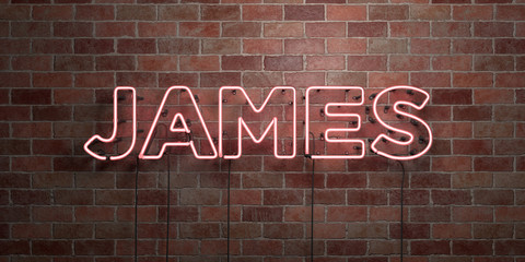 JAMES - fluorescent Neon tube Sign on brickwork - Front view - 3D rendered royalty free stock picture. Can be used for online banner ads and direct mailers..