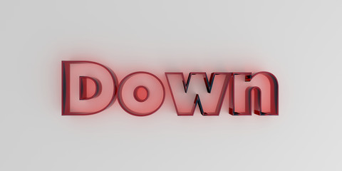 Down - Red glass text on white background - 3D rendered royalty free stock image.