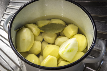 Raw potatoes in a pot ready for cooking.