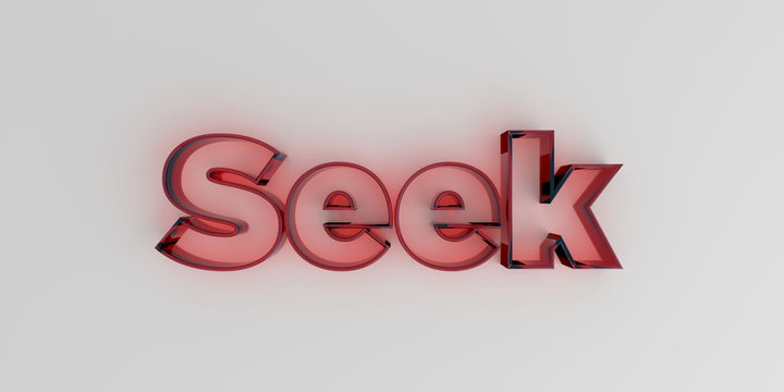 Seek - Red glass text on white background - 3D rendered royalty free stock image.