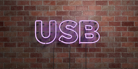 USB - fluorescent Neon tube Sign on brickwork - Front view - 3D rendered royalty free stock picture. Can be used for online banner ads and direct mailers..
