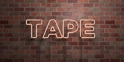 TAPE - fluorescent Neon tube Sign on brickwork - Front view - 3D rendered royalty free stock picture. Can be used for online banner ads and direct mailers..