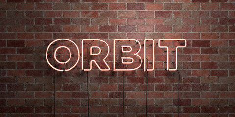 Fototapeta na wymiar ORBIT - fluorescent Neon tube Sign on brickwork - Front view - 3D rendered royalty free stock picture. Can be used for online banner ads and direct mailers..